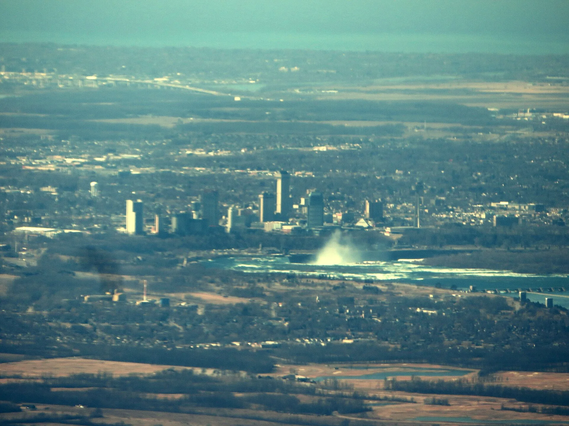 Aerial view of Niagara Falls, Ontario and the Niagara River