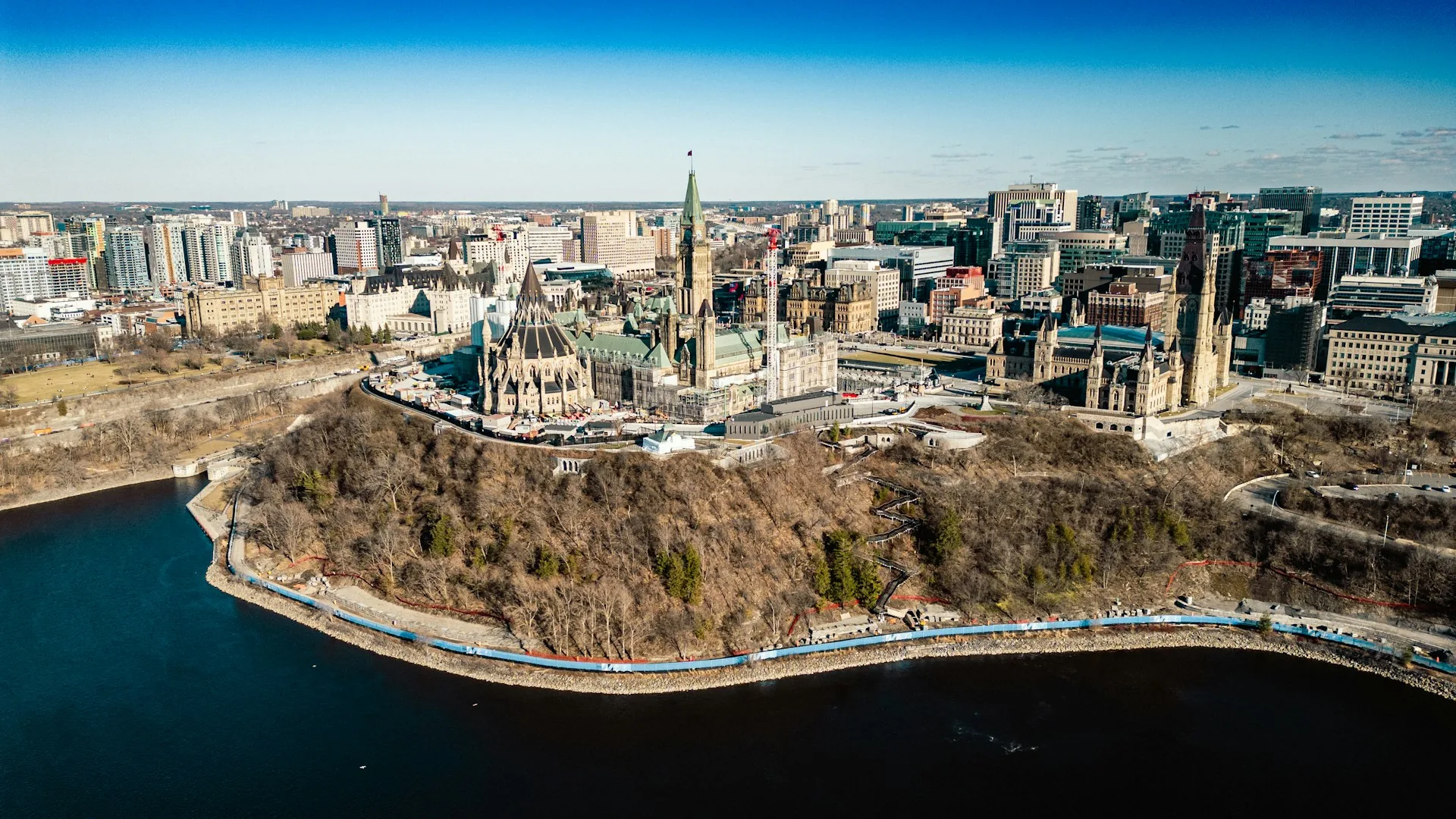Aerial view of Parliament Hill and the Ottawa River, Ontario