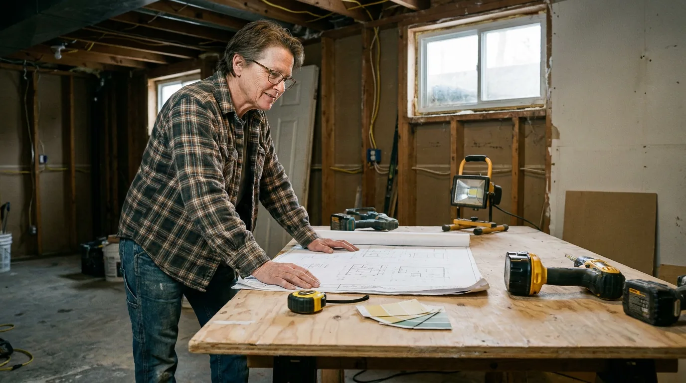 Homeowner planning a renovation with blueprints